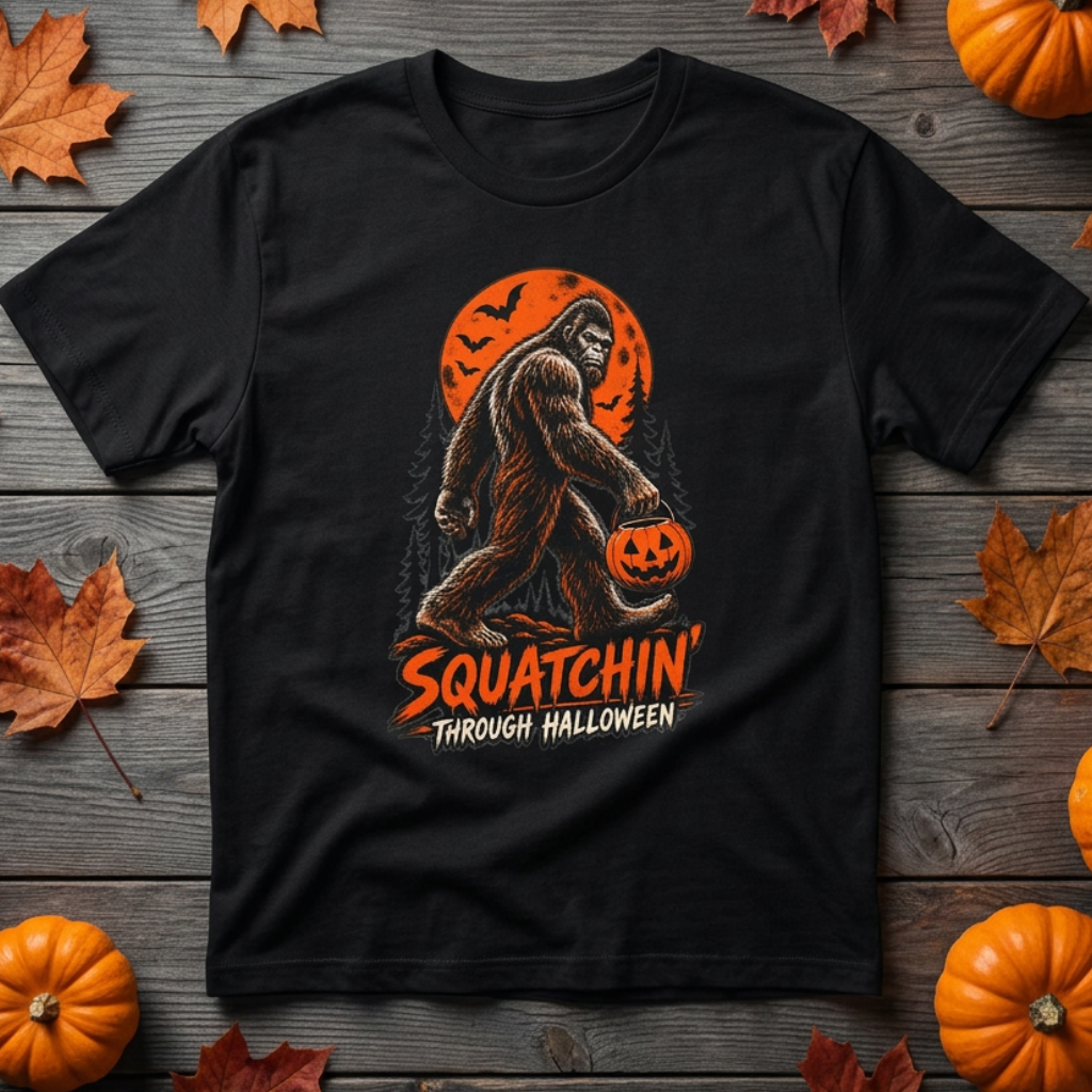 Squatchin' Through Halloween T-Shirt | Bigfoot Pumpkin Tee