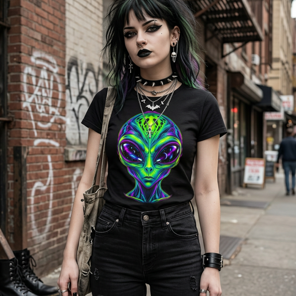 Psychedelic Alien Head T-Shirt | Neon Extraterrestrial Art