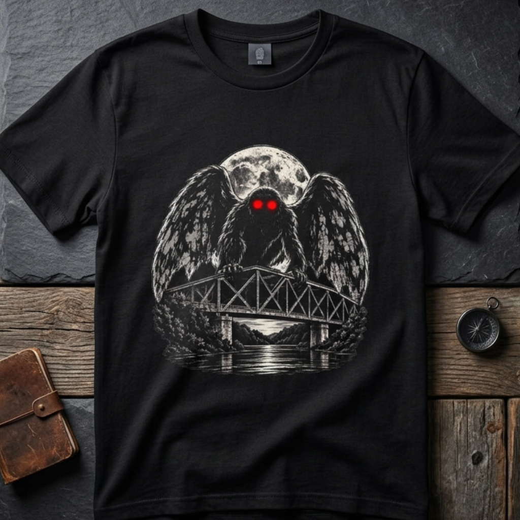 Mothman Bridge Graphic Tee — Red-Eyed Cryptid Illustration T-Shirt