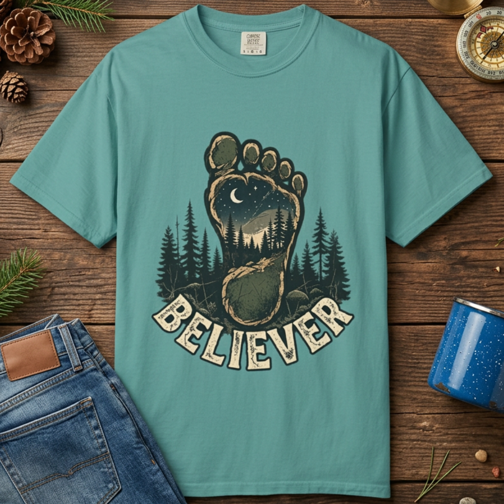 Believer Bigfoot Footprint T-Shirt — Sasquatch Forest Adventure Tee