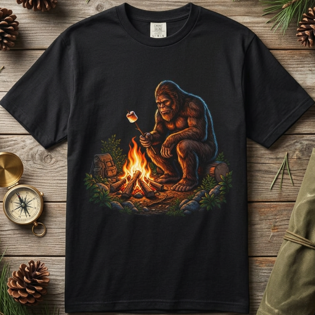 Bigfoot Campfire T-Shirt — Sasquatch Roasting Marshmallow Outdoor Tee