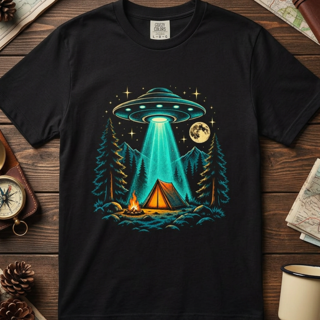 Alien Camping T-Shirt — UFO Abduction Night Graphic Tee