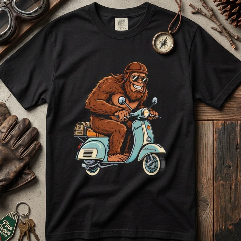 Sasquatch Scooter T-Shirt — Retro Bigfoot Riding Vespa Graphic Tee