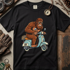 Sasquatch Scooter T-Shirt — Retro Bigfoot Riding Vespa Graphic Tee