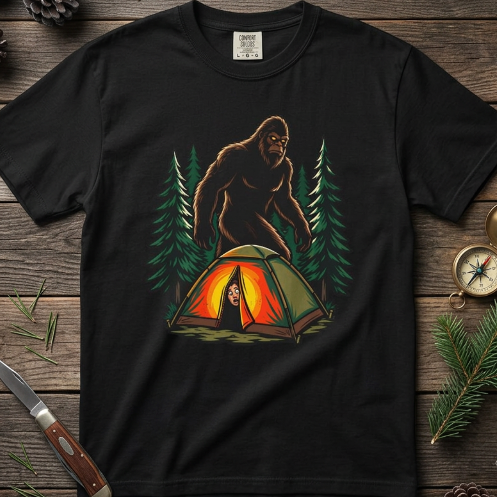 Bigfoot Camping T-Shirt — Sasquatch Near Glowing Tent Graphic Tee
