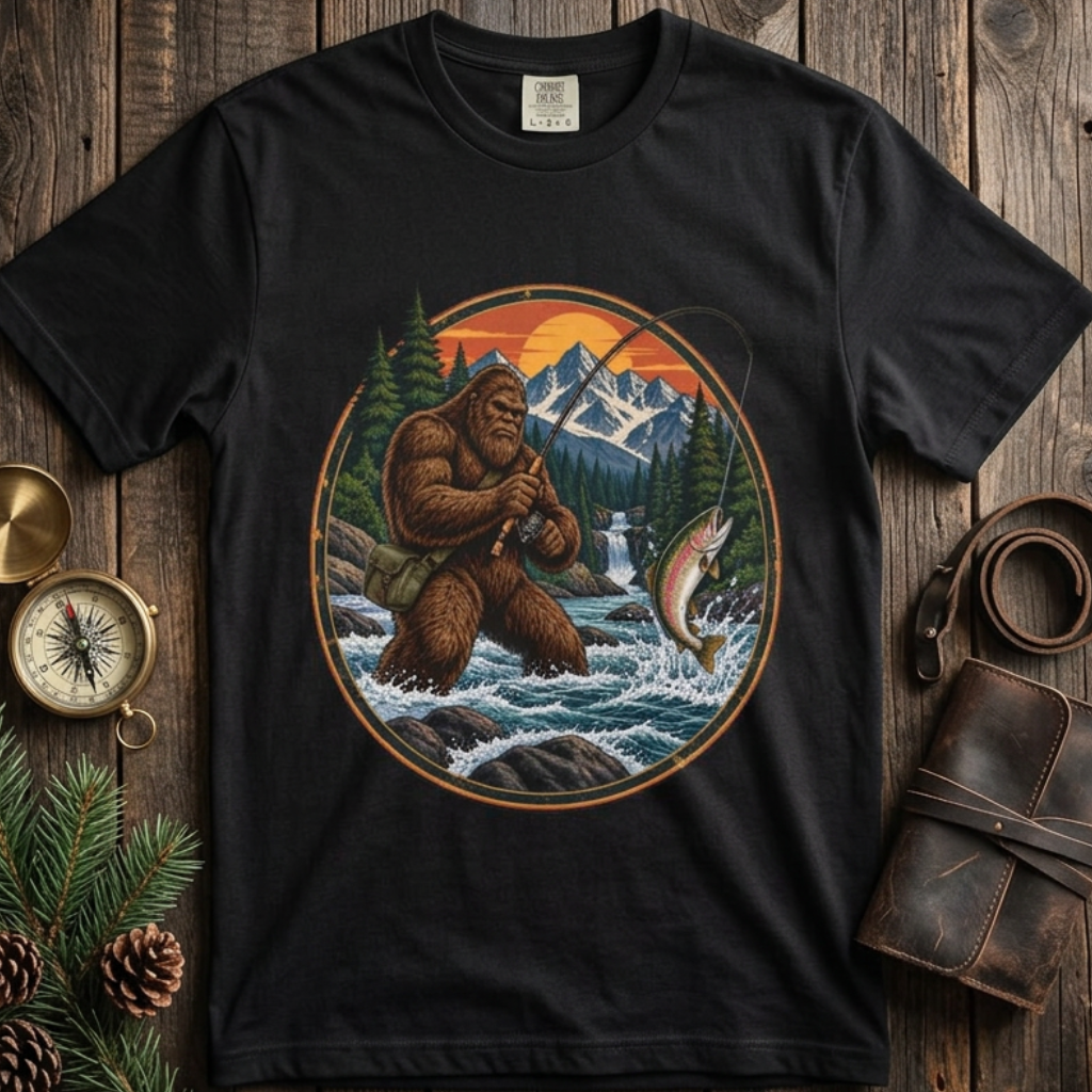 Bigfoot Fishing Graphic T-Shirt