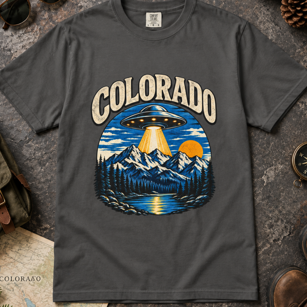 Colorado UFO Mountain T-Shirt — Retro Alien Abduction Scenic Tee