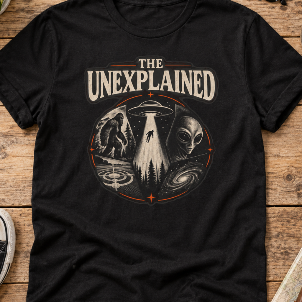 T-Shirt — "The Unexplained" UFO & Cryptid Mystery Graphic