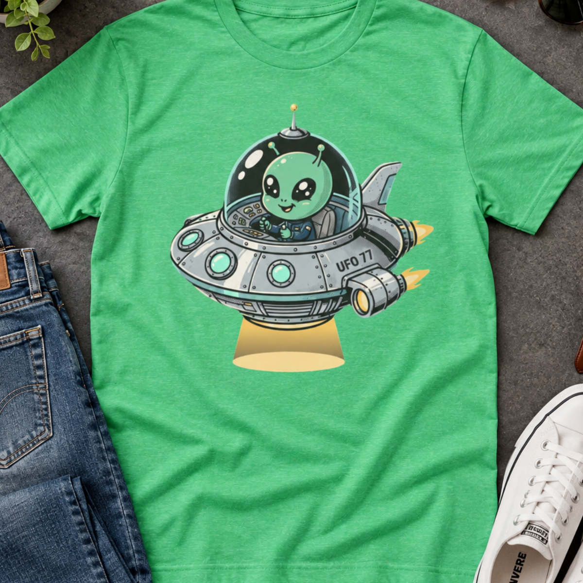 Alien UFO T-Shirt — Cute Green Alien in Spaceship Graphic Tee