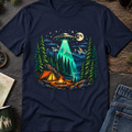 Camping UFO Abduction T-Shirt — Night Forest Tent & Alien Spaceship Graphic