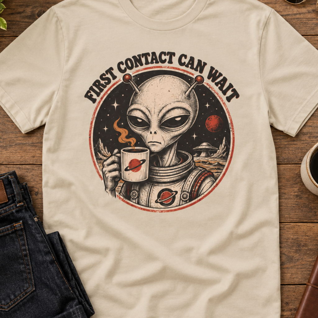 Alien Astronaut T‑Shirt - "First Contact Can Wait" Coffee Space Tee