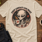 Alien Astronaut T‑Shirt - "First Contact Can Wait" Coffee Space Tee