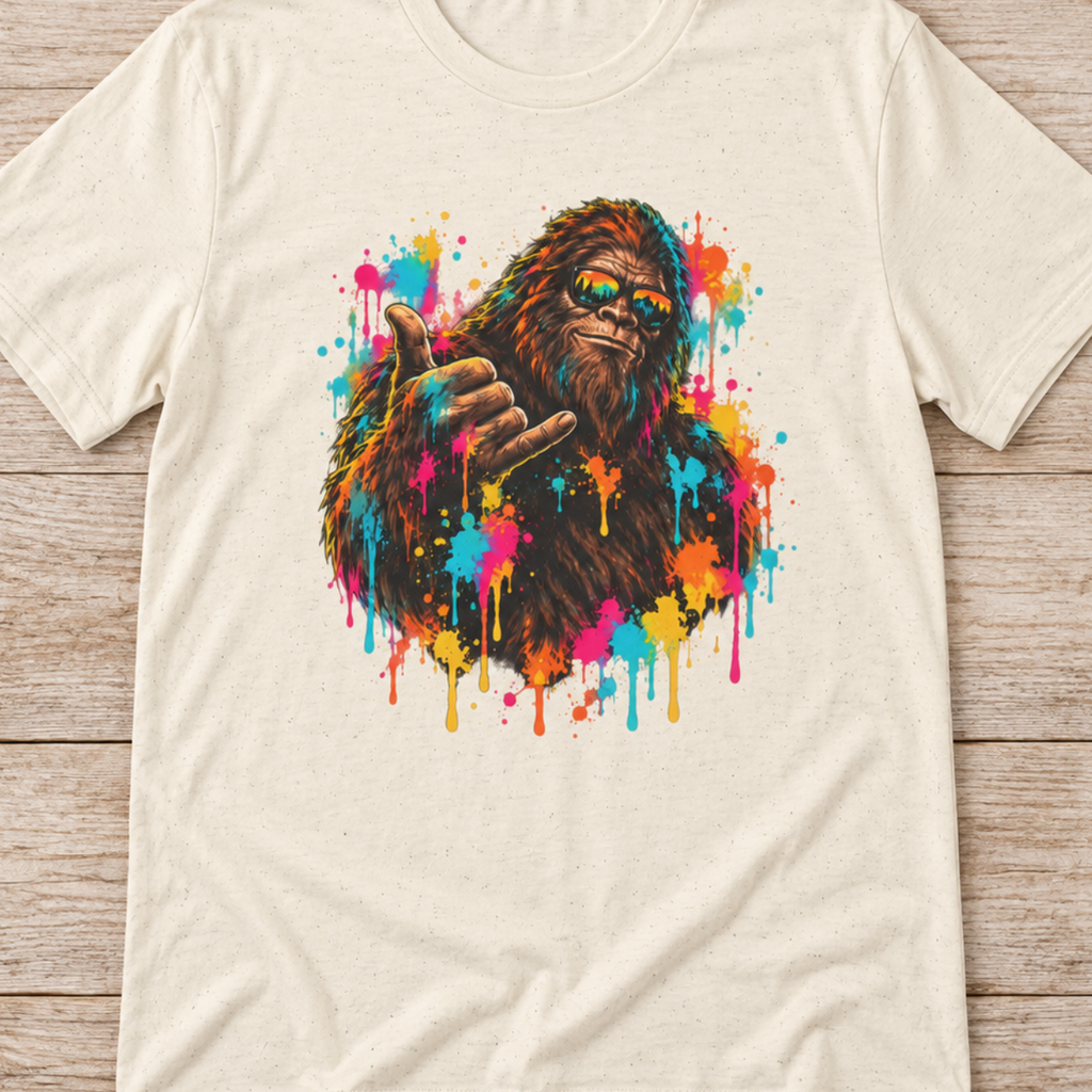 Colorful Bigfoot Paint Splatter  T-Shirt