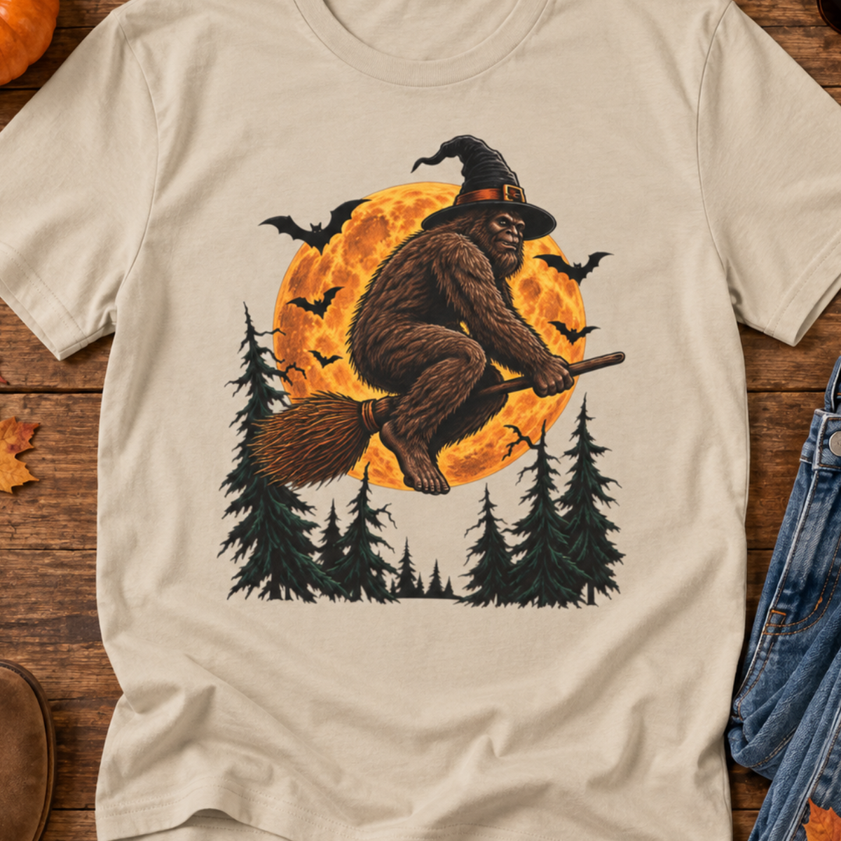 Bigfoot Witch Riding Broom T-Shirt