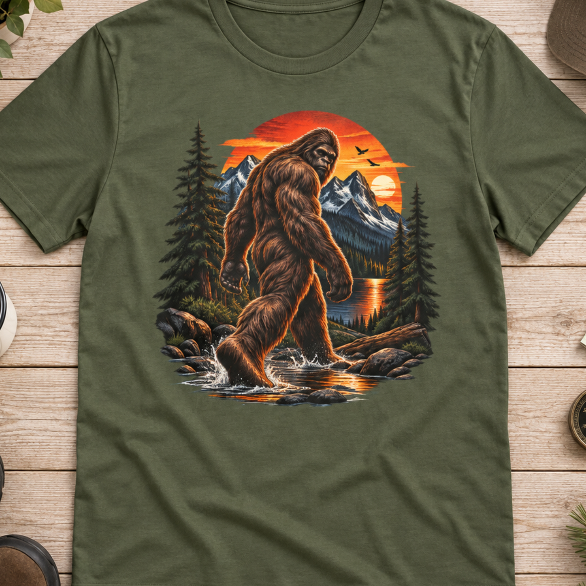Bigfoot Mountain Sunset T-Shirt — Sasquatch Forest Adventure Tee
