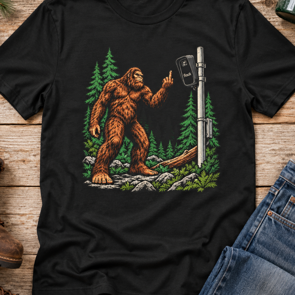 Bigfoot Flipping off flock camera tee