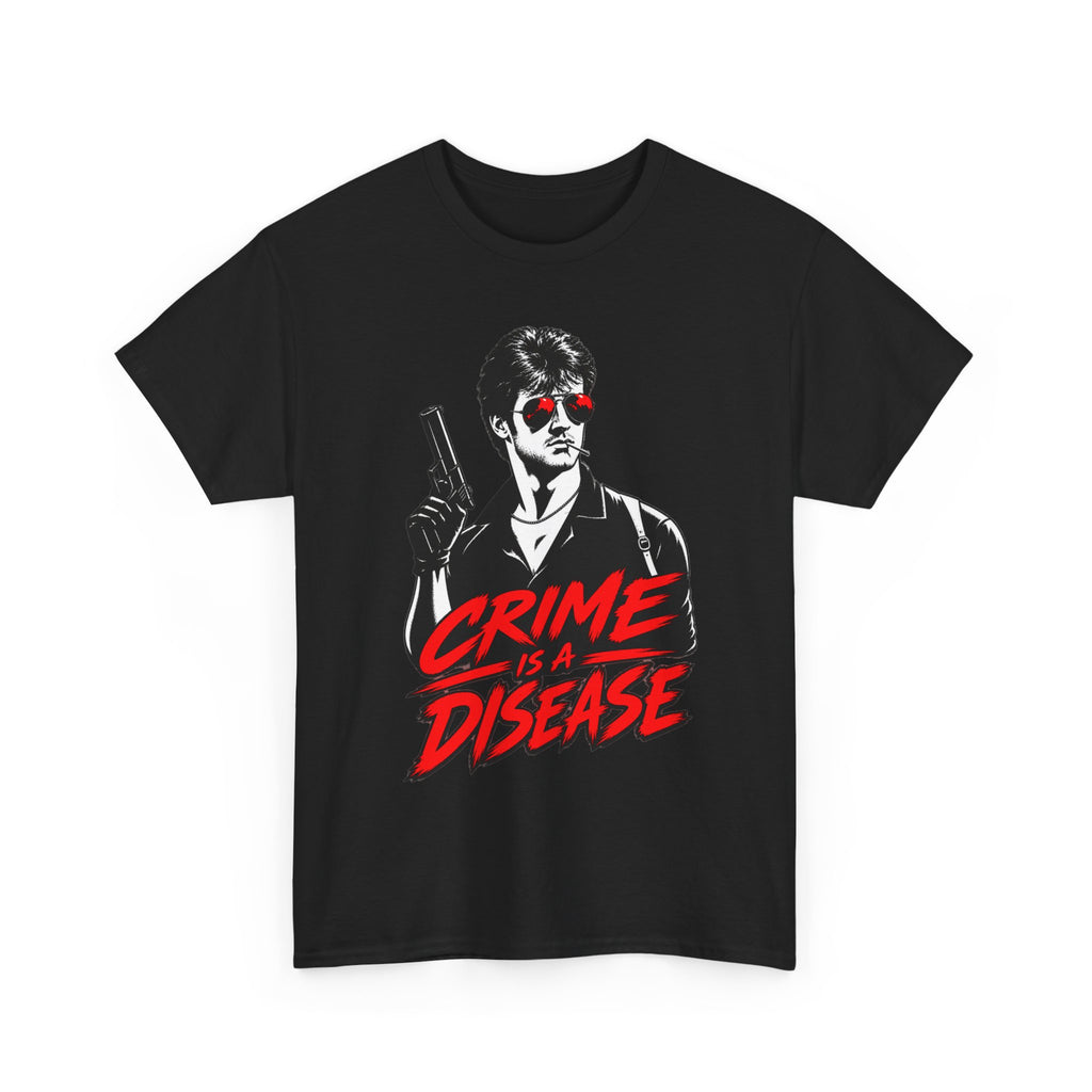 Crime Is a Disease shirt | Noir gunman graphic tee, red accent sunglasses