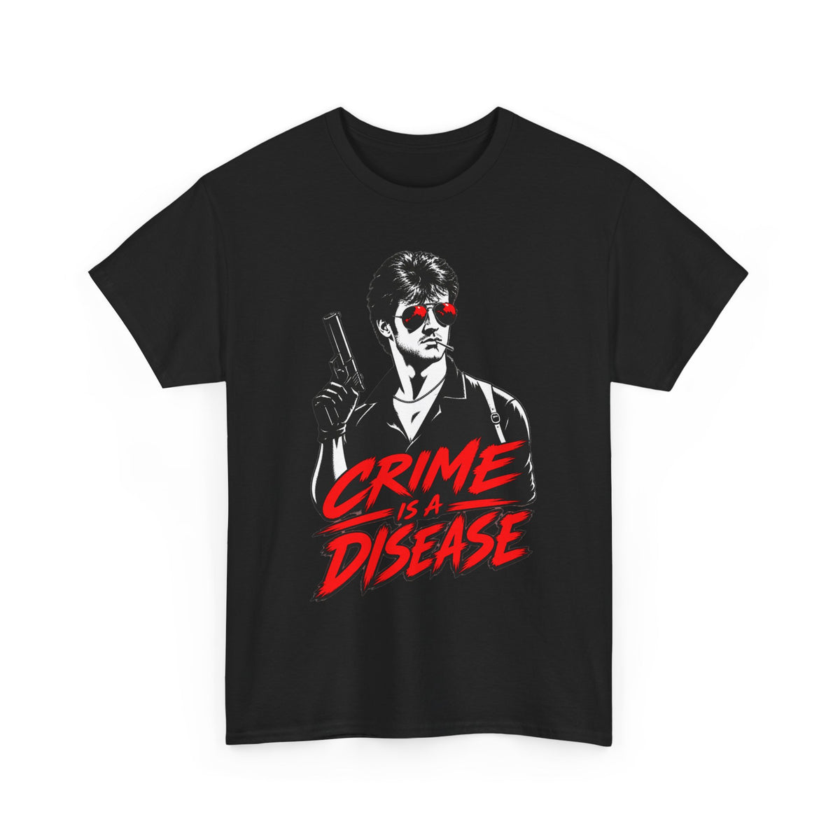 Crime Is a Disease shirt | Noir gunman graphic tee, red accent sunglasses