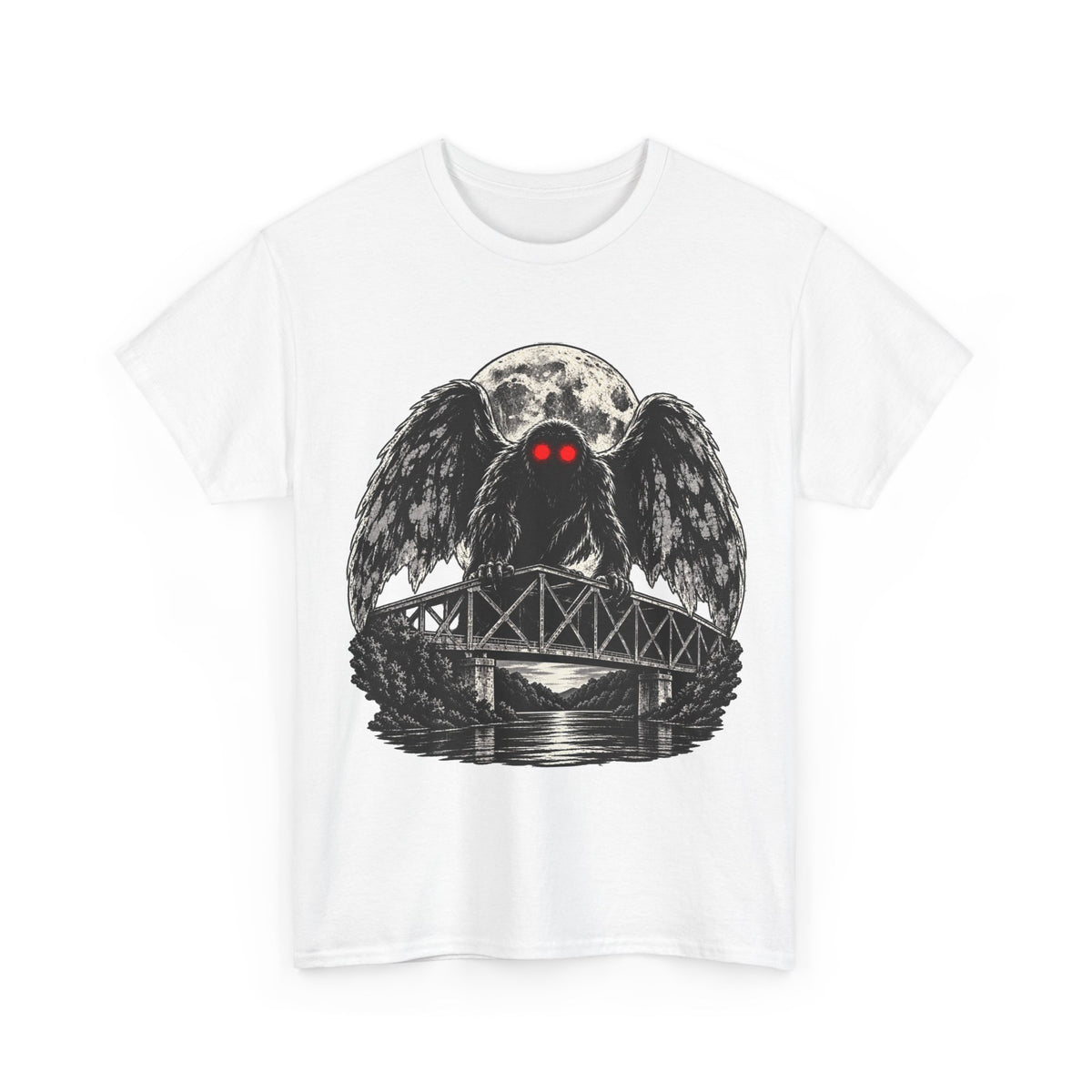 Mothman Bridge Graphic Tee — Red-Eyed Cryptid Illustration T-Shirt