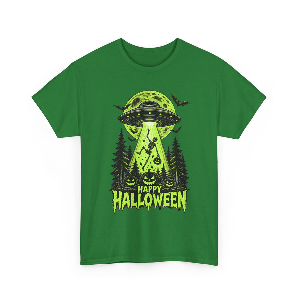 Alien UFO Abduction Halloween T-Shirt | Glow Green Pumpkin Forest