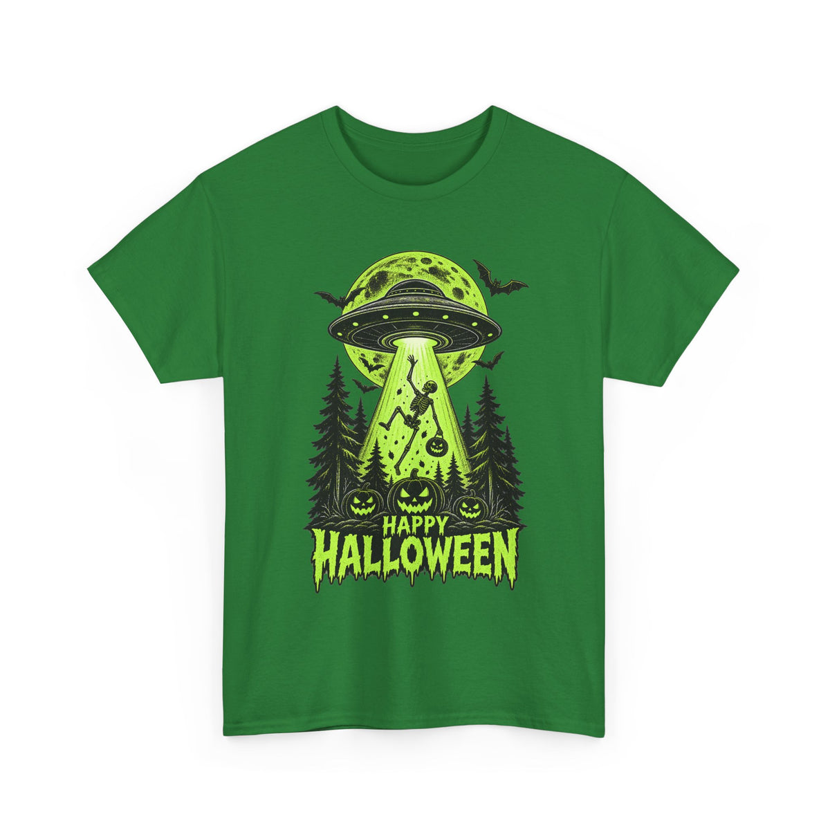 Alien UFO Abduction Halloween T-Shirt | Glow Green Pumpkin Forest