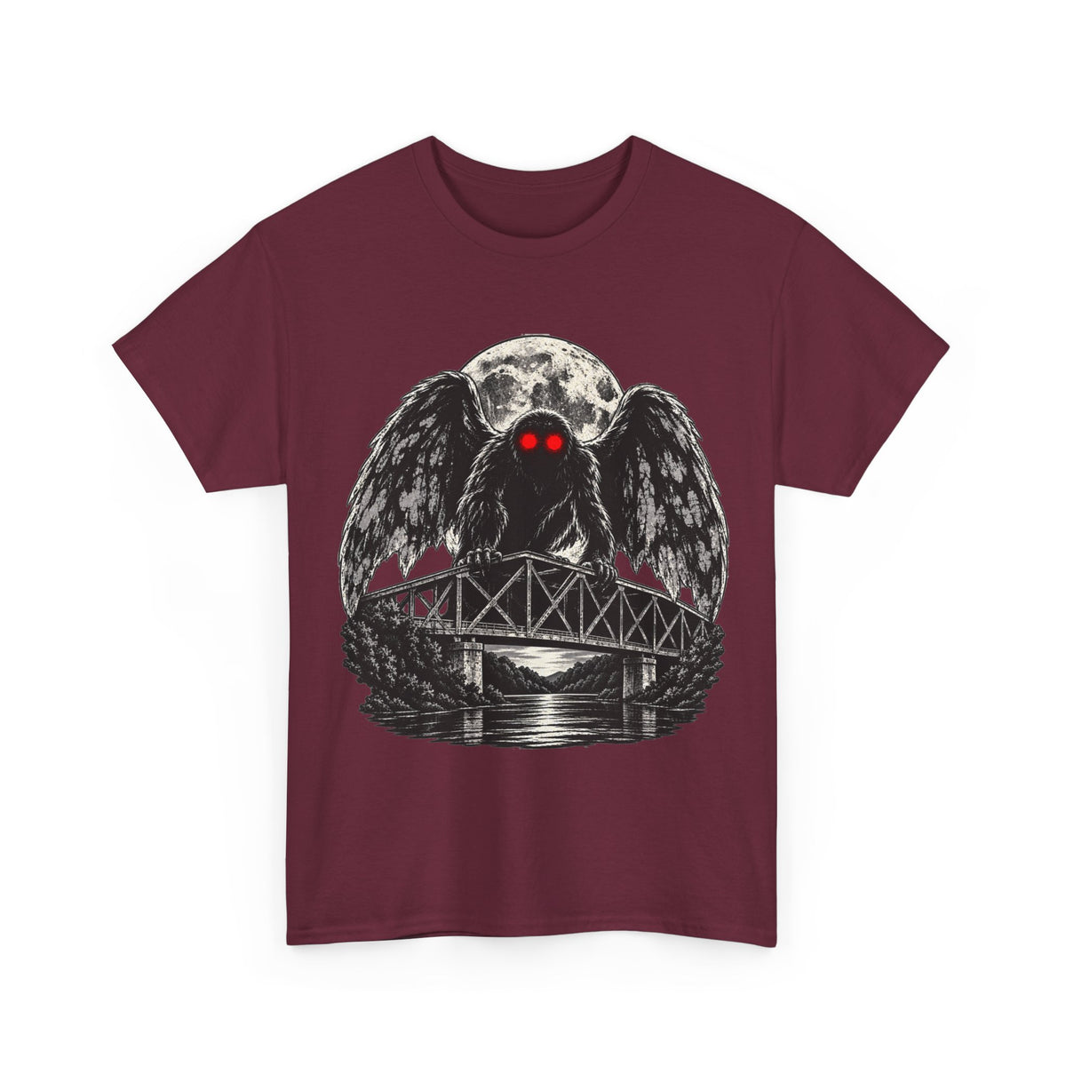 Mothman Bridge Graphic Tee — Red-Eyed Cryptid Illustration T-Shirt