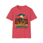 “Saddle Up We’re Leaving Earth” Retro Western Alien Tee