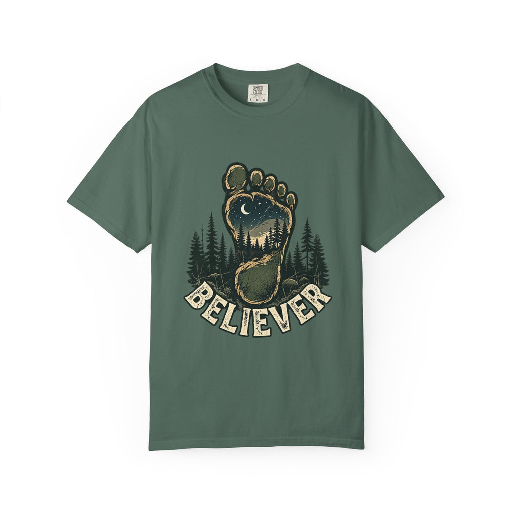 Believer Bigfoot Footprint T-Shirt — Sasquatch Forest Adventure Tee