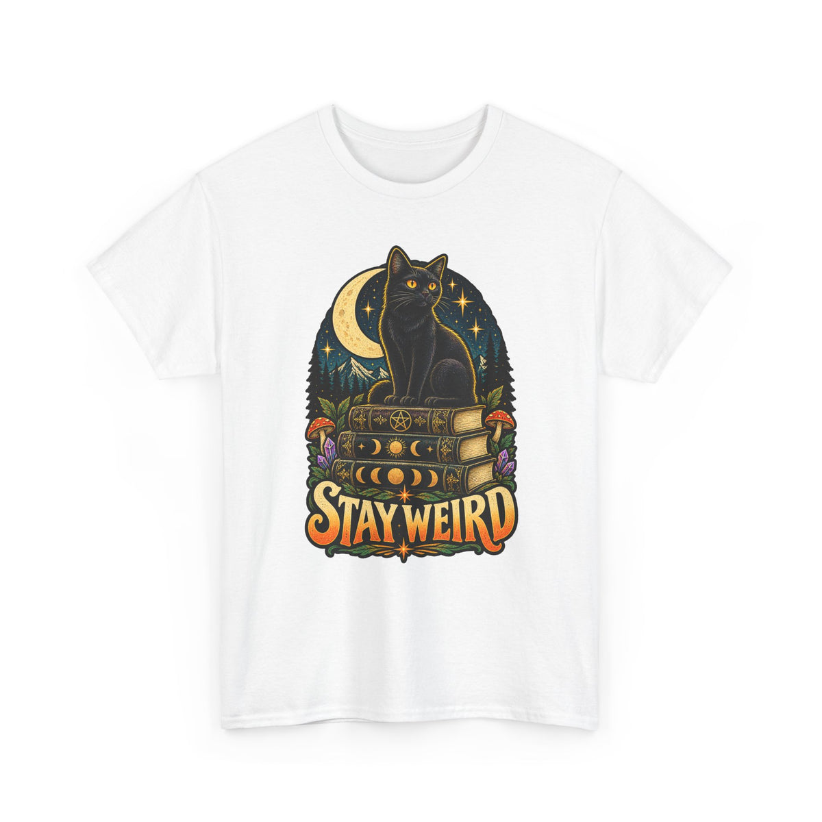 Stay Weird Black Cat T-Shirt — Mystical Moon, Stacked Books & Mushroom Witchy Tee