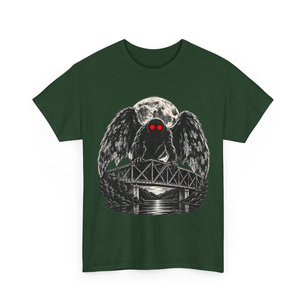 Mothman Bridge Graphic Tee — Red-Eyed Cryptid Illustration T-Shirt