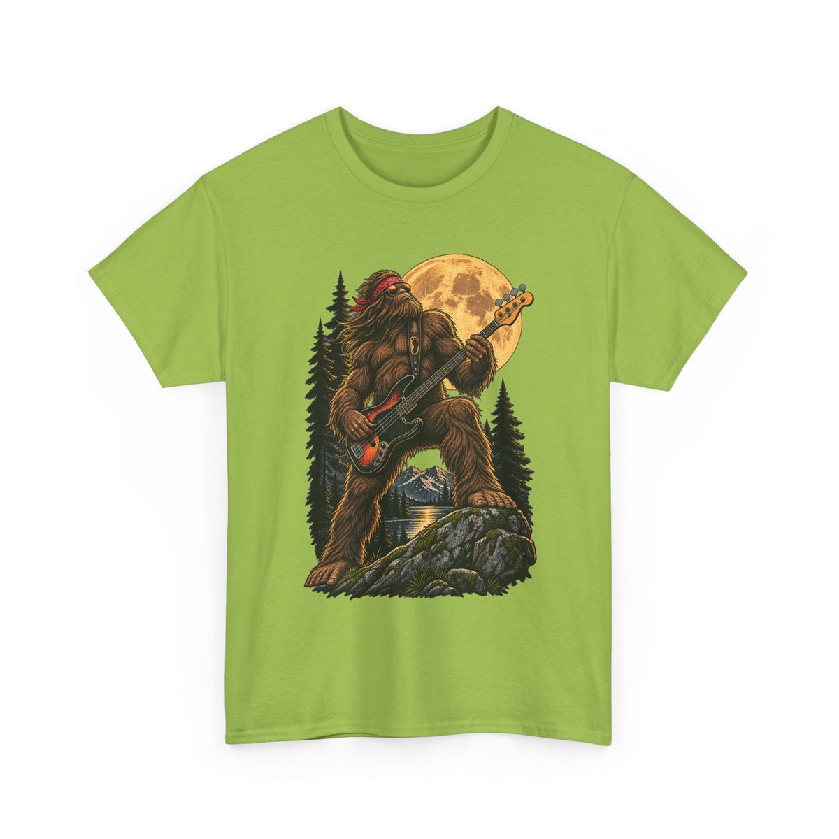Bigfoot Playing Electric Guitar T-Shirt | Sasquatch Moon Forest Rock Tee