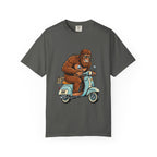 Sasquatch Scooter T-Shirt — Retro Bigfoot Riding Vespa Graphic Tee