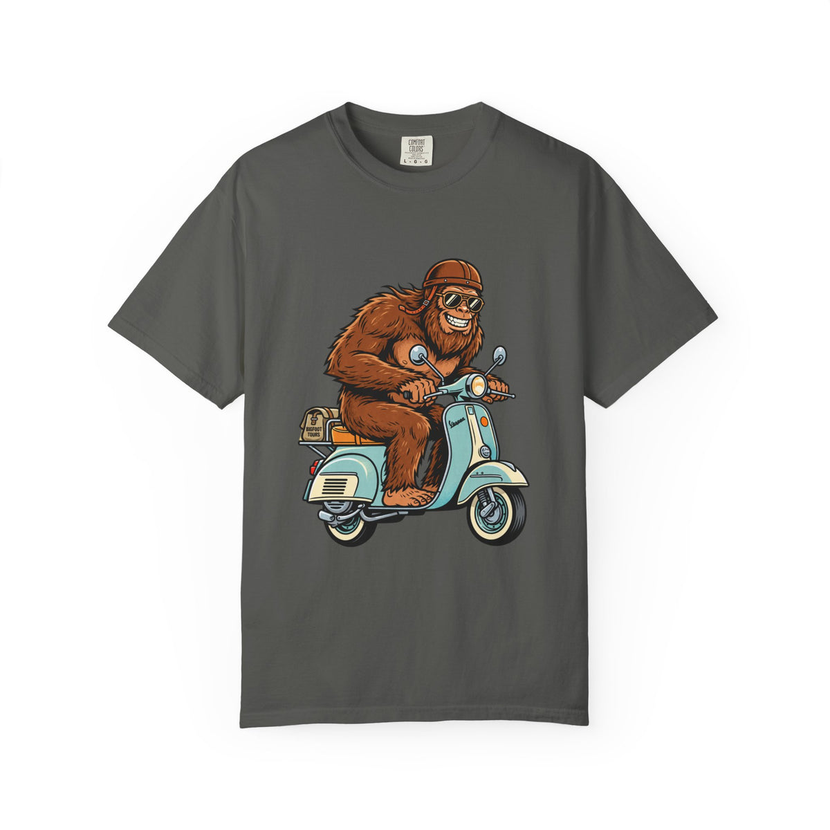 Sasquatch Scooter T-Shirt — Retro Bigfoot Riding Vespa Graphic Tee