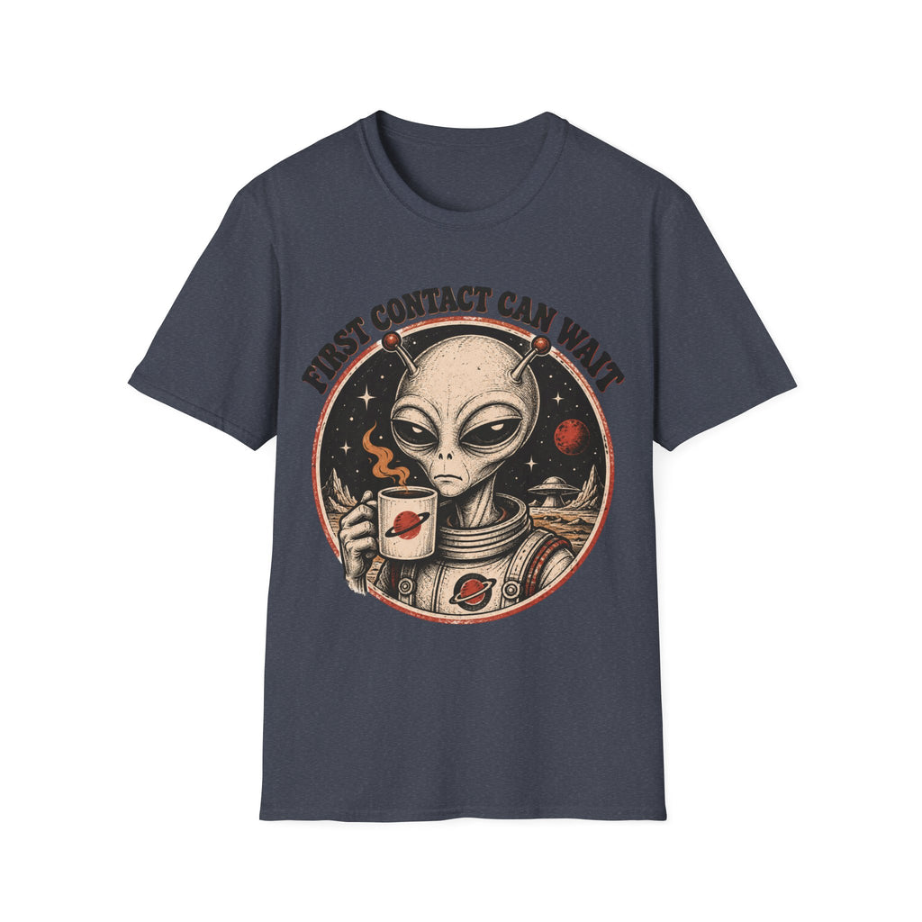 Alien Astronaut T‑Shirt - "First Contact Can Wait" Coffee Space Tee