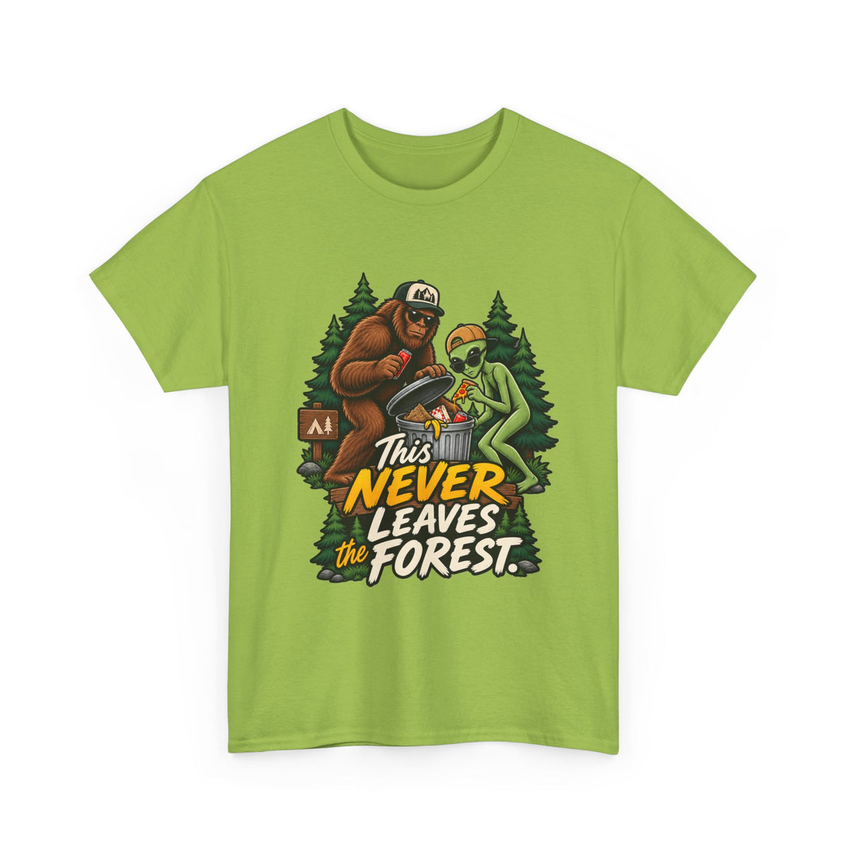 Bigfoot and Alien Illustration Tee | This Never Leaves the Forest, Forest Graphic Shirt
