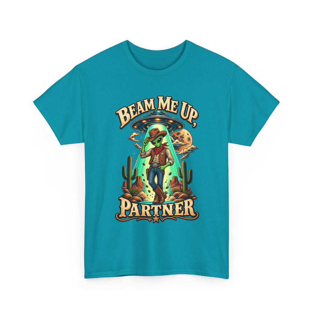 Beam Me Up Partner T-Shirt | Cowboy Alien Desert Illustration