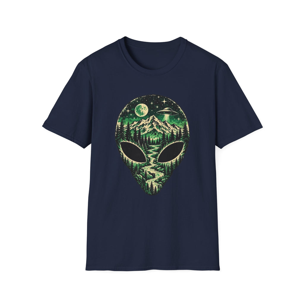 Mystical Mountain Alien T-Shirt – Retro UFO Lover Graphic Tee