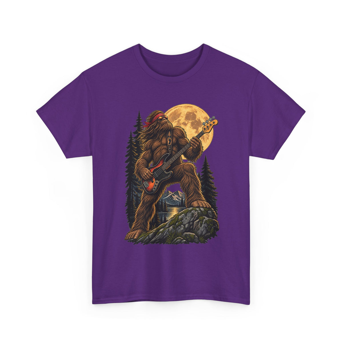 Bigfoot Playing Electric Guitar T-Shirt | Sasquatch Moon Forest Rock Tee