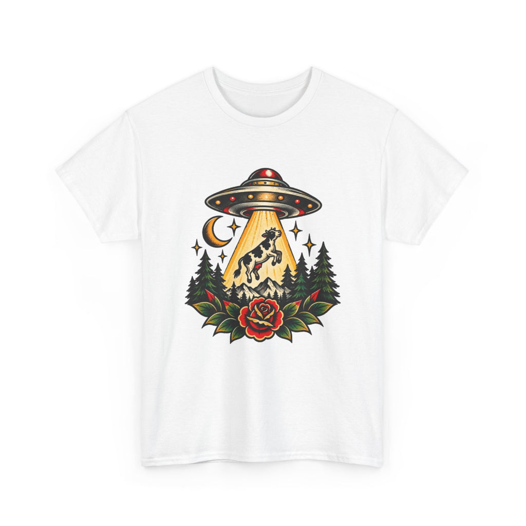 UFO Abduction Tee — Retro Alien Tractor Beam with Deer & Forest Tattoo Art