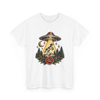 UFO Abduction Tee — Retro Alien Tractor Beam with Deer & Forest Tattoo Art