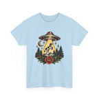 UFO Abduction Tee — Retro Alien Tractor Beam with Deer & Forest Tattoo Art
