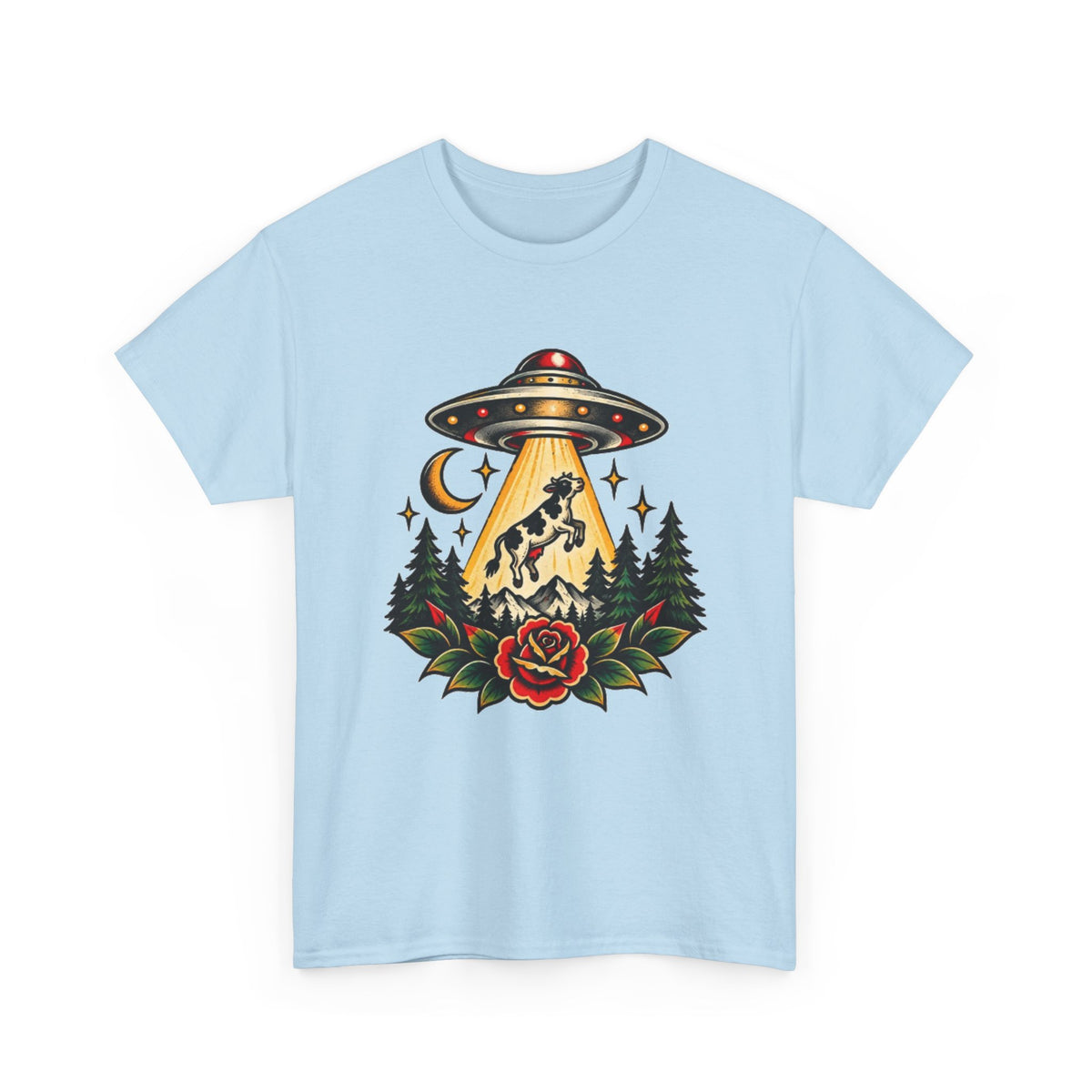 UFO Abduction Tee — Retro Alien Tractor Beam with Deer & Forest Tattoo Art