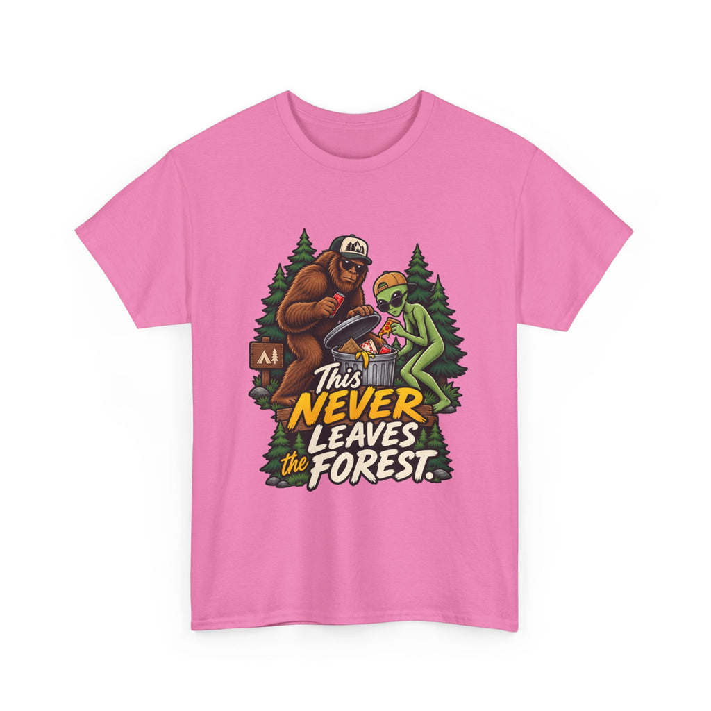 Bigfoot and Alien Illustration Tee | This Never Leaves the Forest, Forest Graphic Shirt
