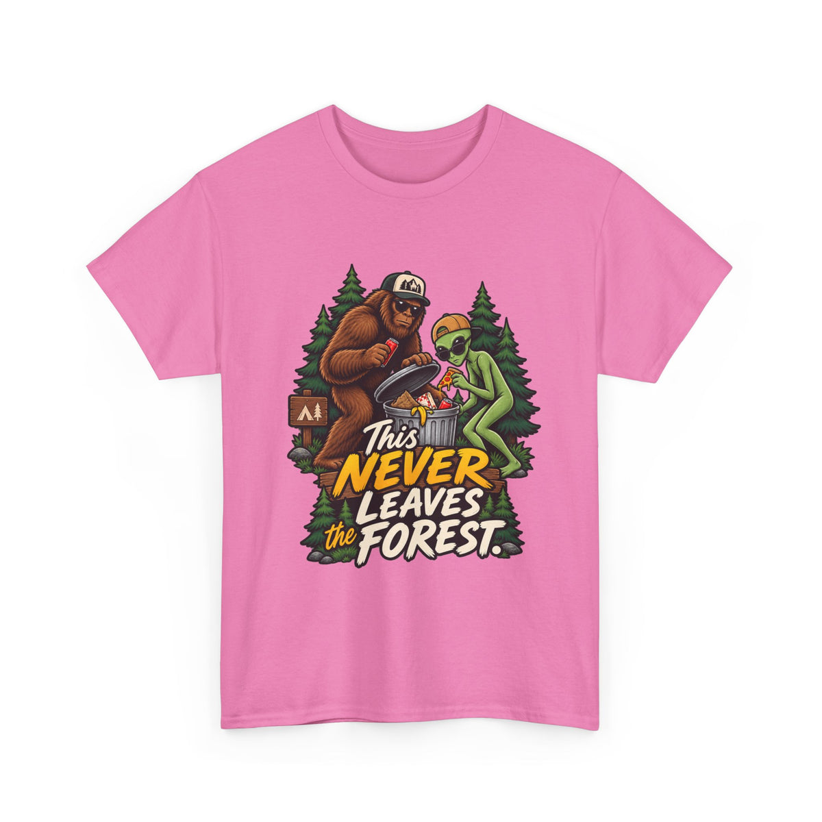 Bigfoot and Alien Illustration Tee | This Never Leaves the Forest, Forest Graphic Shirt
