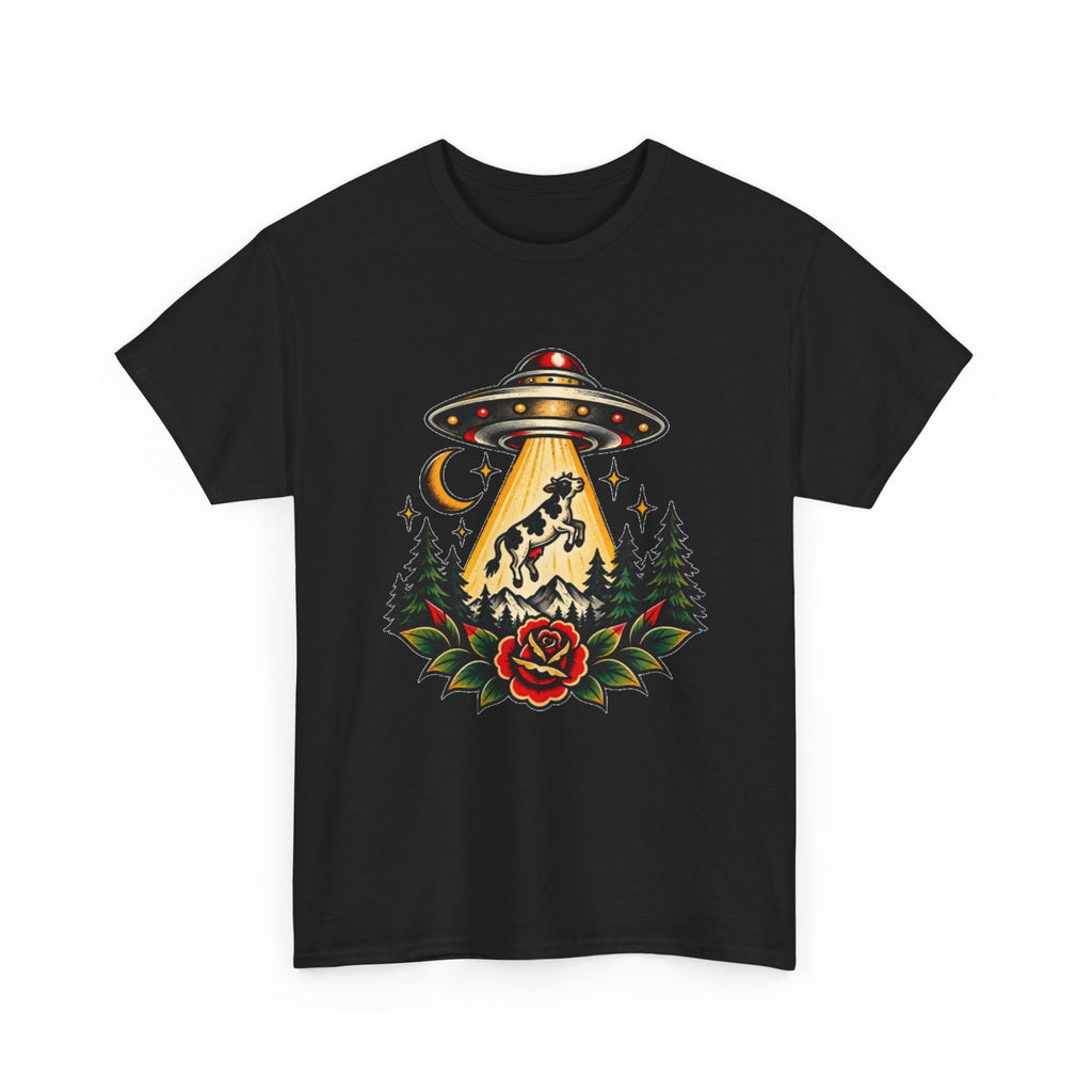 UFO Abduction Tee — Retro Alien Tractor Beam with Deer & Forest Tattoo Art