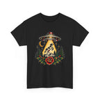UFO Abduction Tee — Retro Alien Tractor Beam with Deer & Forest Tattoo Art