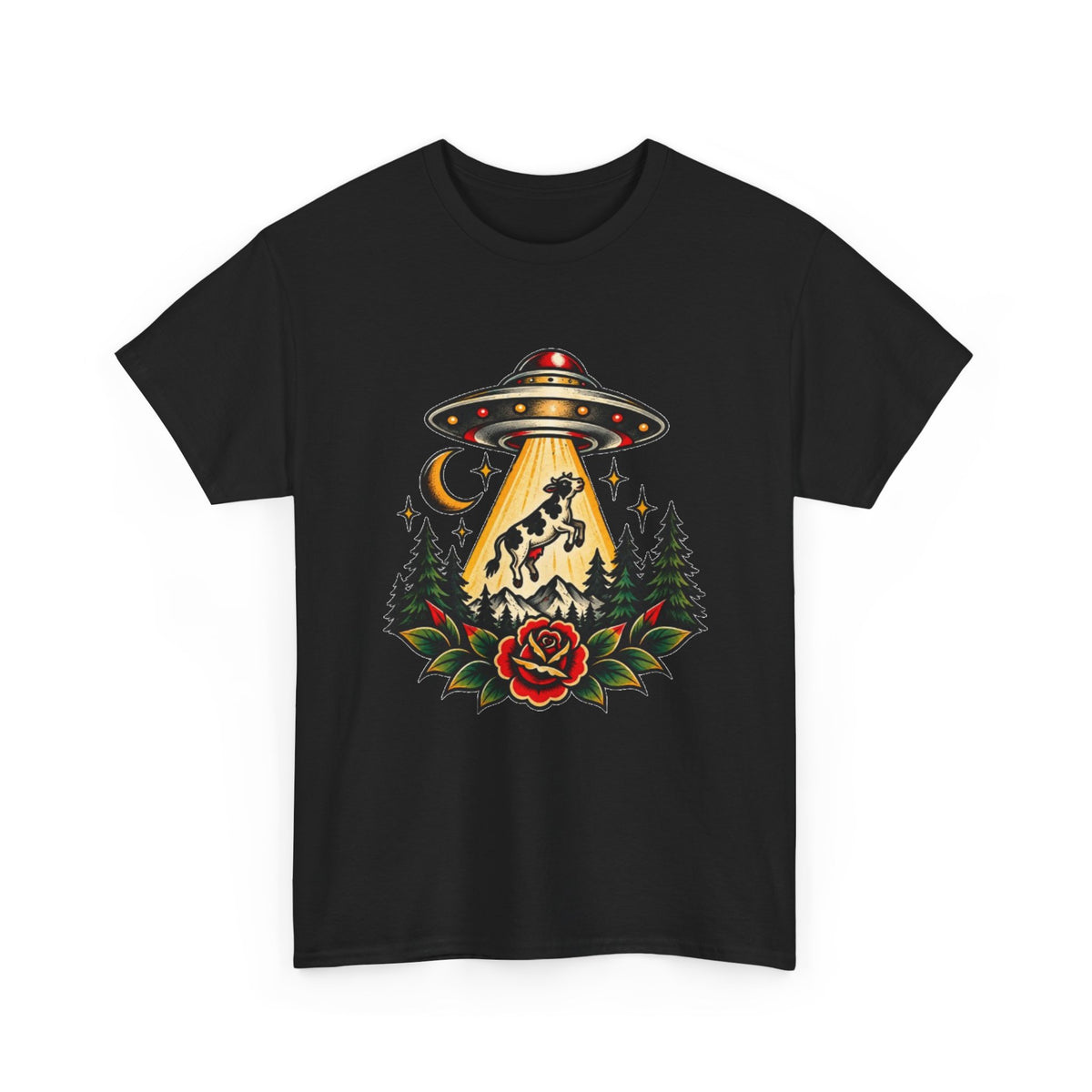 UFO Abduction Tee — Retro Alien Tractor Beam with Deer & Forest Tattoo Art