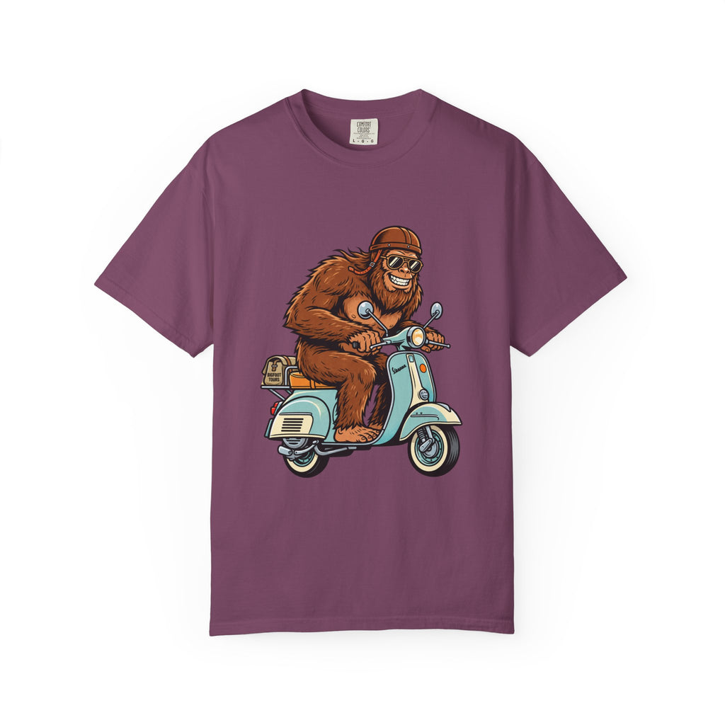 Sasquatch Scooter T-Shirt — Retro Bigfoot Riding Vespa Graphic Tee