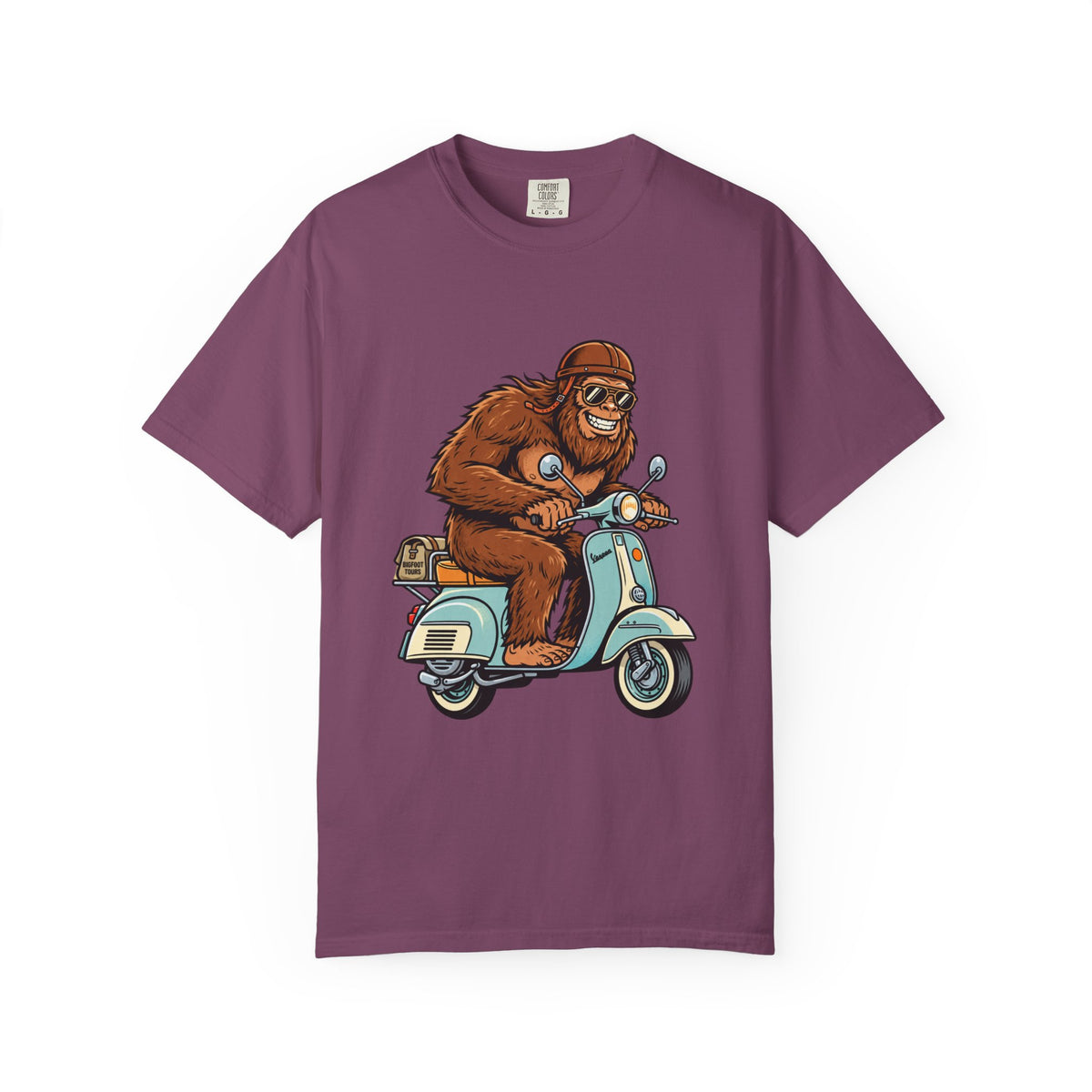 Sasquatch Scooter T-Shirt — Retro Bigfoot Riding Vespa Graphic Tee