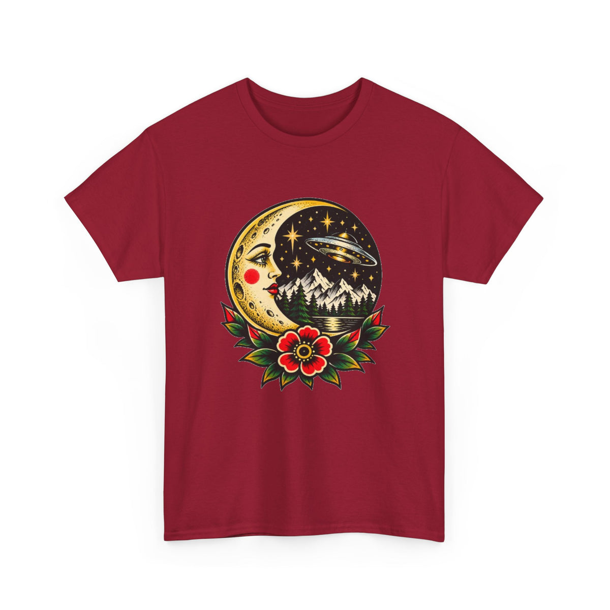 Moon & Forest Tattoo Tee — Vintage Crescent Moon, Night Sky and Flower Graphic T-Shirt